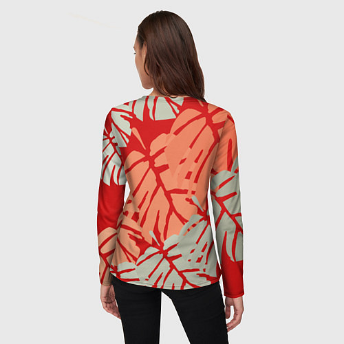 Женский лонгслив Отпечатки монстеры на красном / 3D-принт – фото 4