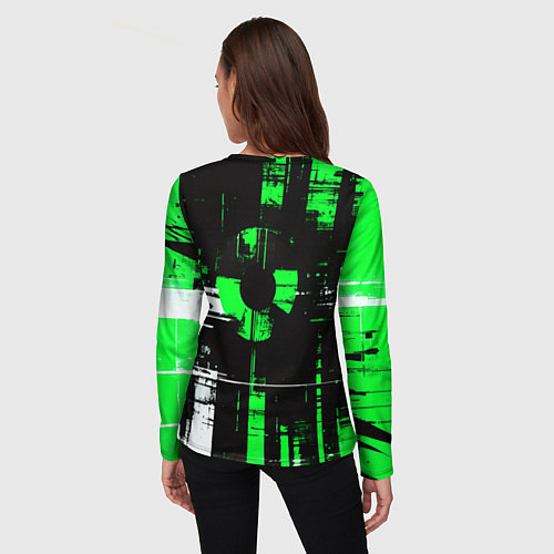 Женский лонгслив Зелёно-белый гранж на чёрном фоне / 3D-принт – фото 4