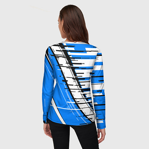 Женский лонгслив Чёрно-белые глитч полосы на синем фоне / 3D-принт – фото 4