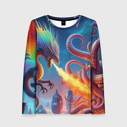 Женский лонгслив Огнедышащий дракон против осьминога - нейроарт фан