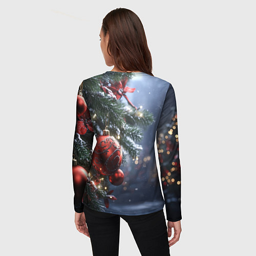 Женский лонгслив Красные новогодние шары с узорами / 3D-принт – фото 4