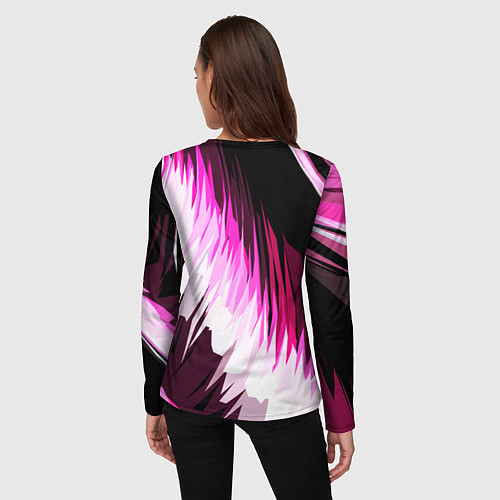 Женский лонгслив Бело-розовые острые полосы на чёрном фоне / 3D-принт – фото 4