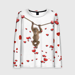 Лонгслив женский Обезьянка висит на веревке среди сердечек, цвет: 3D-принт