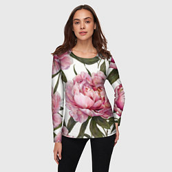 Лонгслив женский Розовые пионы на белом, цвет: 3D-принт — фото 2
