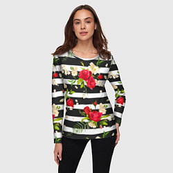 Лонгслив женский Красные розы на черных полосках, цвет: 3D-принт — фото 2