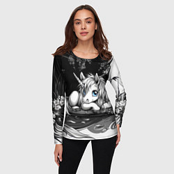 Лонгслив женский Белый единорог с голубыми глазами, цвет: 3D-принт — фото 2