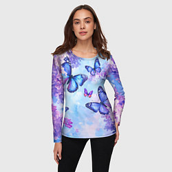 Лонгслив женский Бабочки и сирень - нежная голубая живопись, цвет: 3D-принт — фото 2