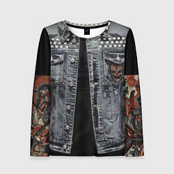 Лонгслив женский Джинсовка с черепом и татуировкой дракона, цвет: 3D-принт