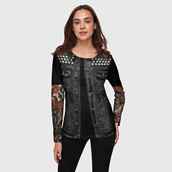 Лонгслив женский Джинсовка с татуировкой дракона и самурая - имитац, цвет: 3D-принт — фото 2