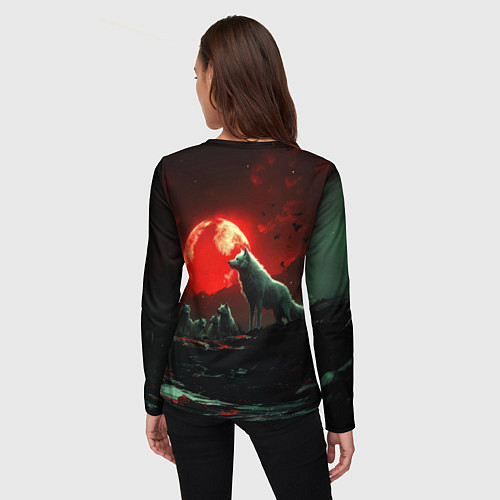 Женский лонгслив Белый волк на фоне красной луны / 3D-принт – фото 4