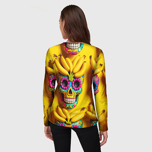 Женский лонгслив Мексиканские черепа и бананы - паттерн / 3D-принт – фото 4