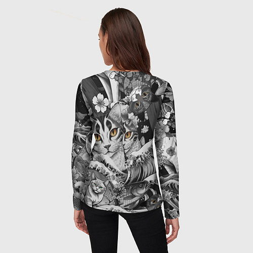 Женский лонгслив С котами и рыбой на фоне сакуры в волнах / 3D-принт – фото 4