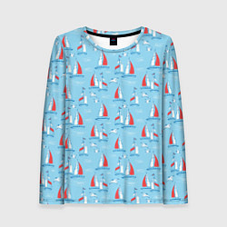 Лонгслив женский Морской паттерн с парусными лодками и чайками, цвет: 3D-принт