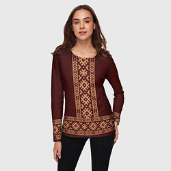 Лонгслив женский Золотой узор на бордовом - вышиванка рубаха, цвет: 3D-принт — фото 2