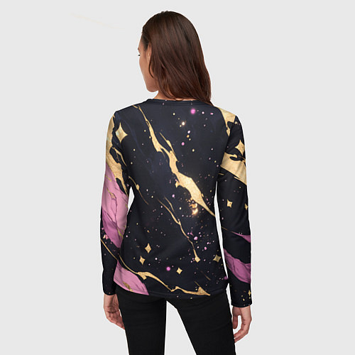 Женский лонгслив Золотые и розовые мазки на черной текстуре / 3D-принт – фото 4