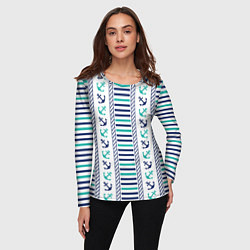 Лонгслив женский Морской орнамент с якорями и полосками, цвет: 3D-принт — фото 2