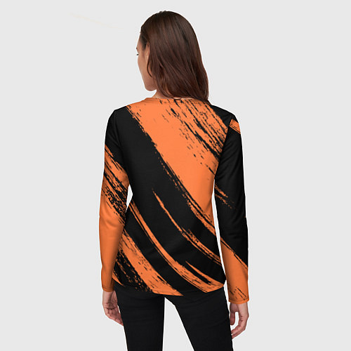 Женский лонгслив Чикаго Блэкхокс - фон с оранжевыми потертостами / 3D-принт – фото 4