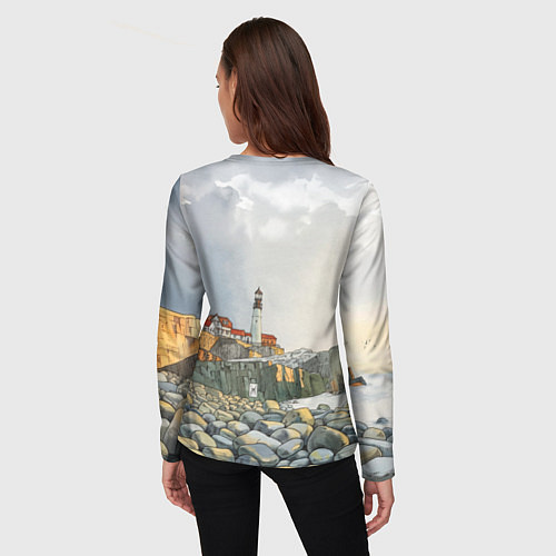 Женский лонгслив Маяк и камни на пляже - акварельный рисунок / 3D-принт – фото 4