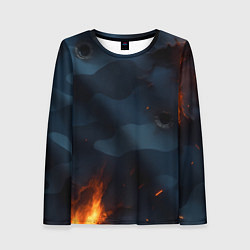 Лонгслив женский Разорванный синий камуфляж с огнем, цвет: 3D-принт