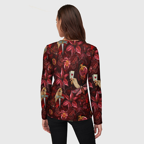 Женский лонгслив Бордовая готика с сердцем, лилиями и мотыльками / 3D-принт – фото 4
