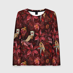 Лонгслив женский Бордовая готика с сердцем, лилиями и мотыльками, цвет: 3D-принт