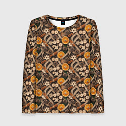 Женский лонгслив Новогодний орнамент с корицей и дольками апельсина