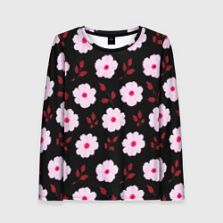 Лонгслив женский Чёрный в светлый розовый цветочек паттерн, цвет: 3D-принт