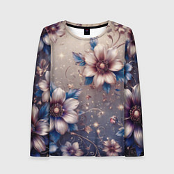 Женский лонгслив Сине-бежевый дымчатый с цветами