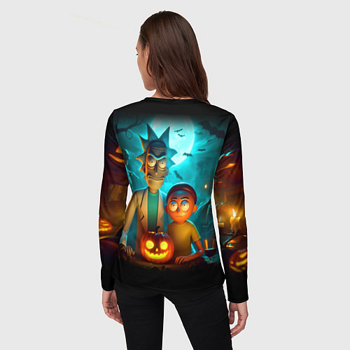 Женский лонгслив Morty and Rick with pumpkin - neon halloween / 3D-принт – фото 4