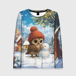 Лонгслив женский Совушка в шапочке лепит снеговика, цвет: 3D-принт
