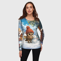 Лонгслив женский Совушка в шапочке лепит снеговика, цвет: 3D-принт — фото 2