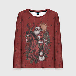 Женский лонгслив Санта Клаус на красном коне верхом