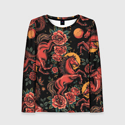 Лонгслив женский Красная лошадь с розами, цвет: 3D-принт