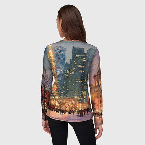 Женский лонгслив Москва - сити и новогодняя елка / 3D-принт – фото 4