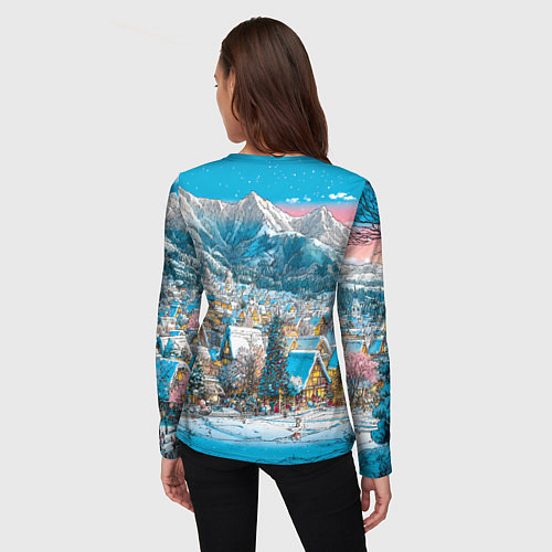 Женский лонгслив Новогодняя деревушка в горах / 3D-принт – фото 4