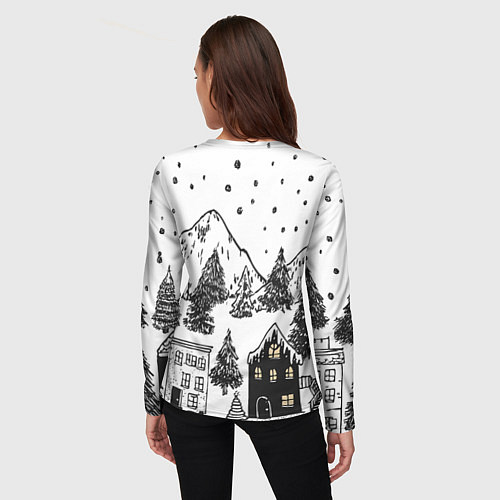 Женский лонгслив Заснеженный черно-белый город / 3D-принт – фото 4