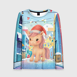 Лонгслив женский Лошадка с новогоднем венком, цвет: 3D-принт