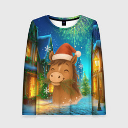 Лонгслив женский Новогодняя лошадка жует елочные ветки, цвет: 3D-принт