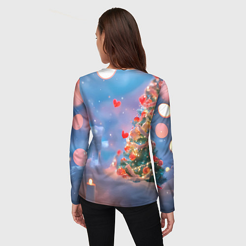 Женский лонгслив Рыжий котенок в сердечках у елочки / 3D-принт – фото 4
