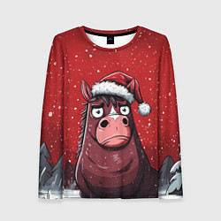 Лонгслив женский Конь в новогодней шапке, цвет: 3D-принт