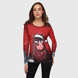 Лонгслив женский Конь в новогодней шапке, цвет: 3D-принт — фото 2