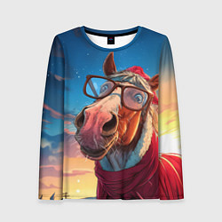 Лонгслив женский Лошадь в костюме Санты, цвет: 3D-принт