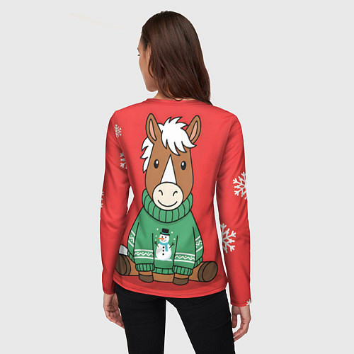 Женский лонгслив Новогодняя лошадка в зеленом свитере / 3D-принт – фото 4
