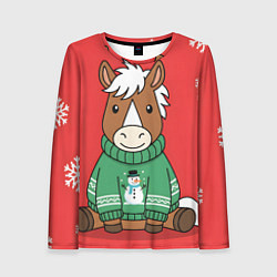 Лонгслив женский Новогодняя лошадка в зеленом свитере, цвет: 3D-принт