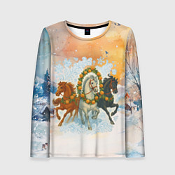 Женский лонгслив Новогодняя тройка лошадей с мандаринами