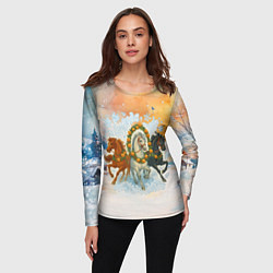 Лонгслив женский Новогодняя тройка лошадей с мандаринами, цвет: 3D-принт — фото 2