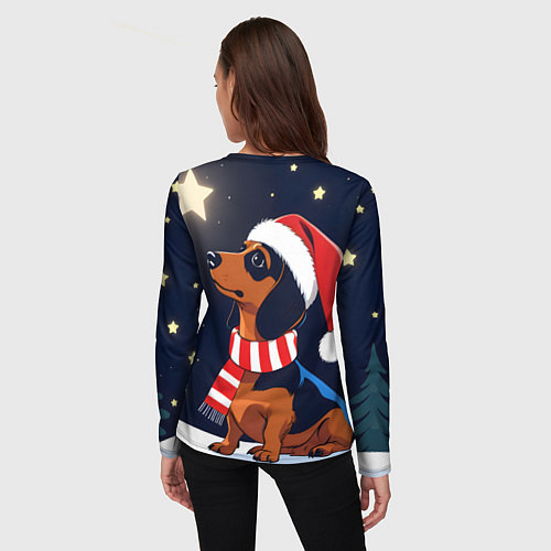 Женский лонгслив Новогодняя такса и звезды / 3D-принт – фото 4
