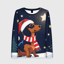 Лонгслив женский Новогодняя такса и звезды, цвет: 3D-принт