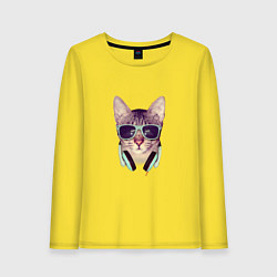 Лонгслив хлопковый женский Кот в очках и наушниках, цвет: желтый