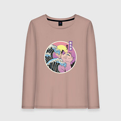 Лонгслив хлопковый женский Vaporwave Sunset Кот Самурай, цвет: пыльно-розовый